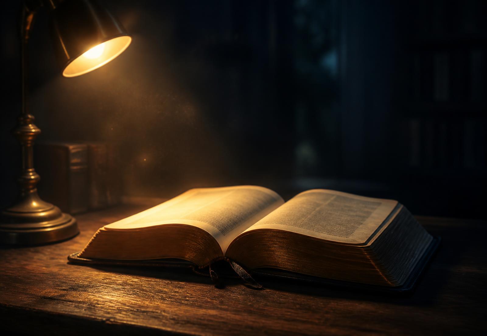 An open Bible lit by warm light